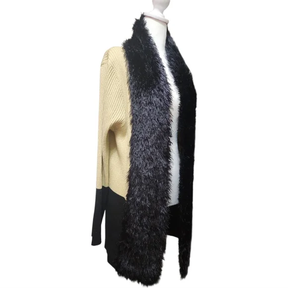 Y2K Lauren Michelle Metallic Gold Cardigan Silky Black Faux Fur Women's XL Glam - Picture 4 of 8